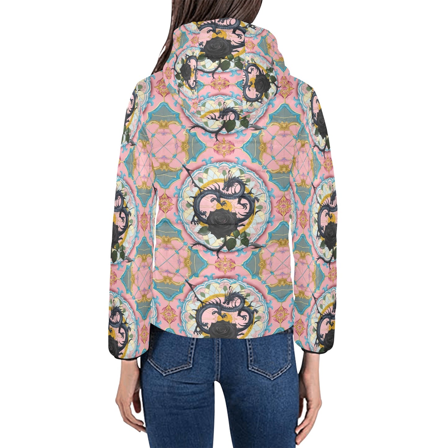 Black Rose Dragon Hooded Puffer Jacket