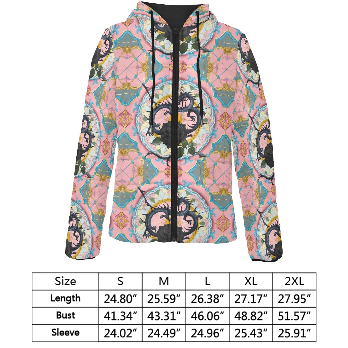 Black Rose Dragon Hooded Puffer Jacket