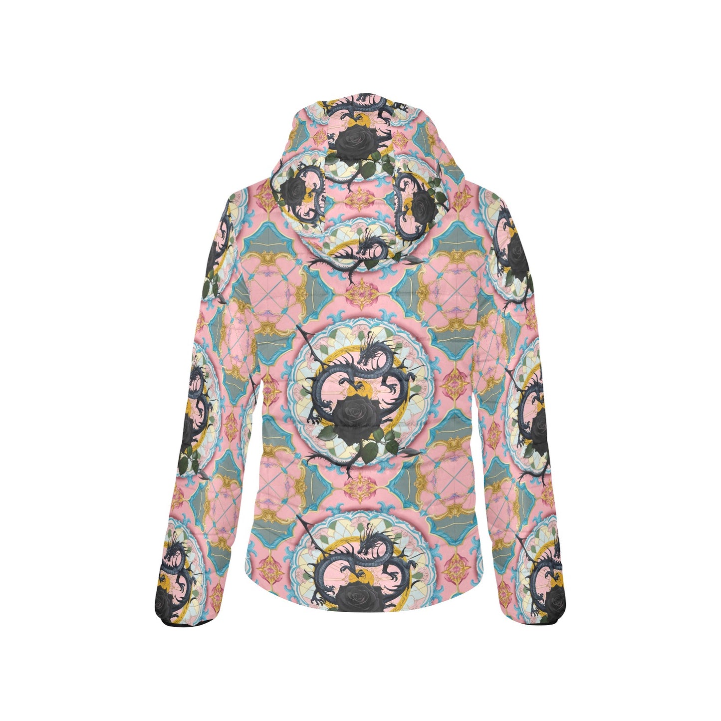 Black Rose Dragon Hooded Puffer Jacket
