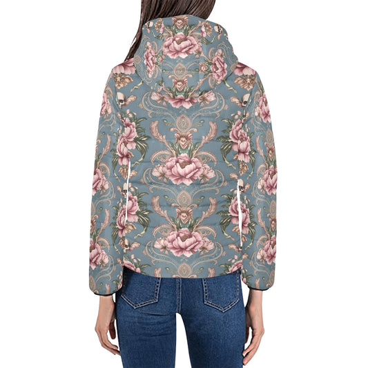 Baroque Floral Skull Hooded Puffer Jacket