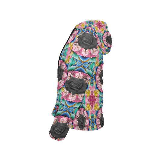 Vivid Black Rose Hooded Puffer Jacket