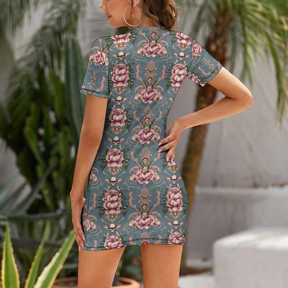 Baroque Floral Skull Short Sleeve Slim Fit Dress