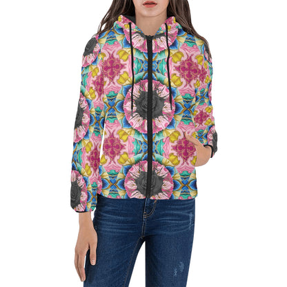 Vivid Black Rose Hooded Puffer Jacket