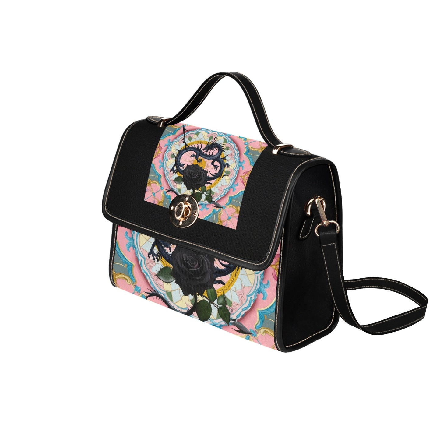 Black Rose Dragon Handbag with Lock Clasp