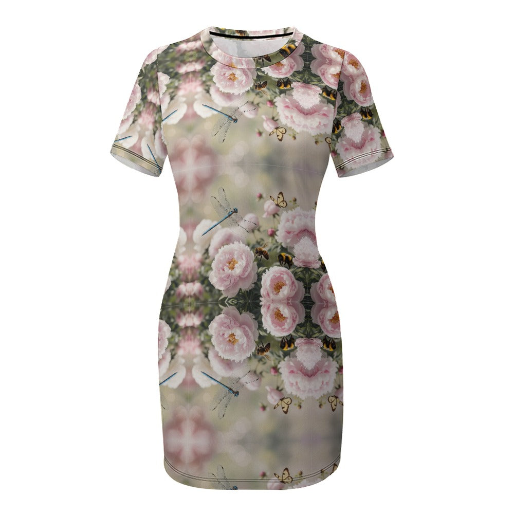 Peony Kaleidoscope Short Sleeve Slim Fit Dress