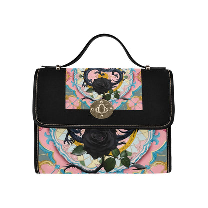 Black Rose Dragon Handbag with Lock Clasp