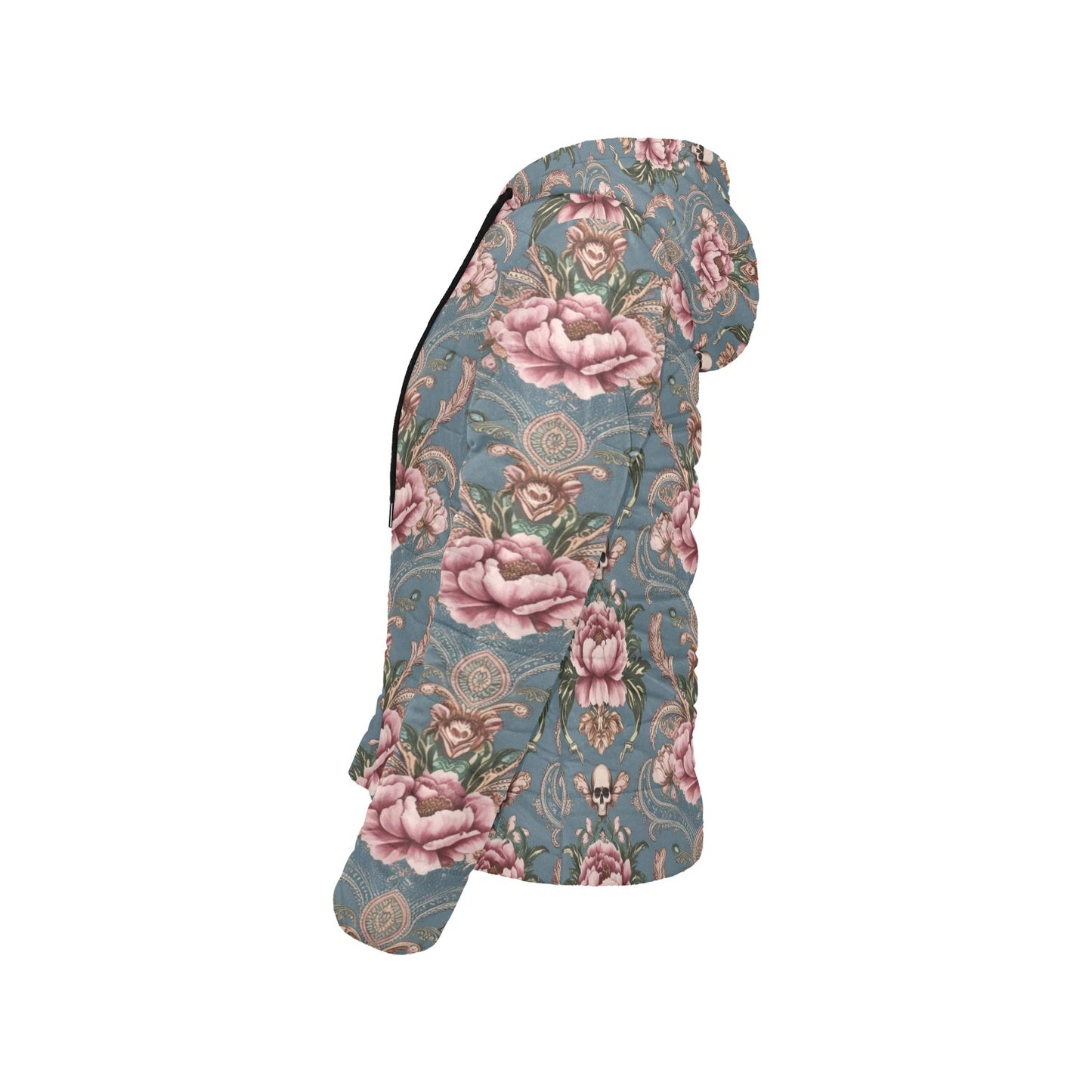 Baroque Floral Skull Hooded Puffer Jacket