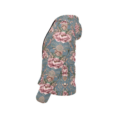 Baroque Floral Skull Hooded Puffer Jacket