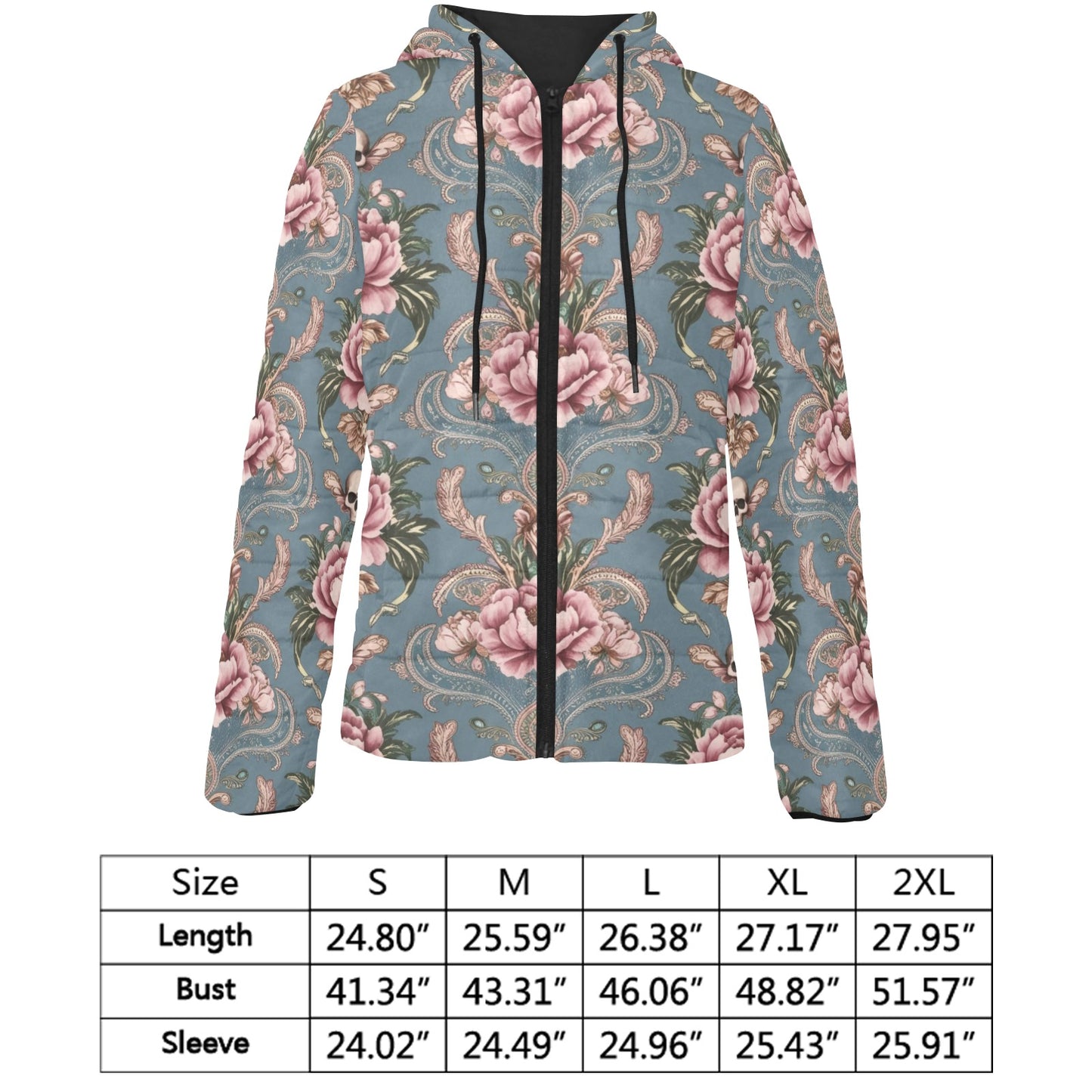 Baroque Floral Skull Hooded Puffer Jacket