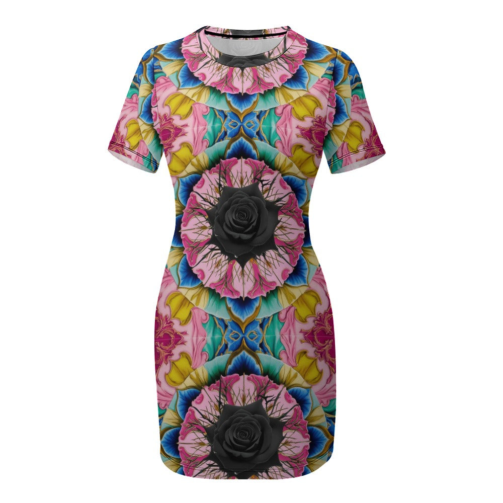 Vivid Black Rose Short Sleeve Slim Fit Dress