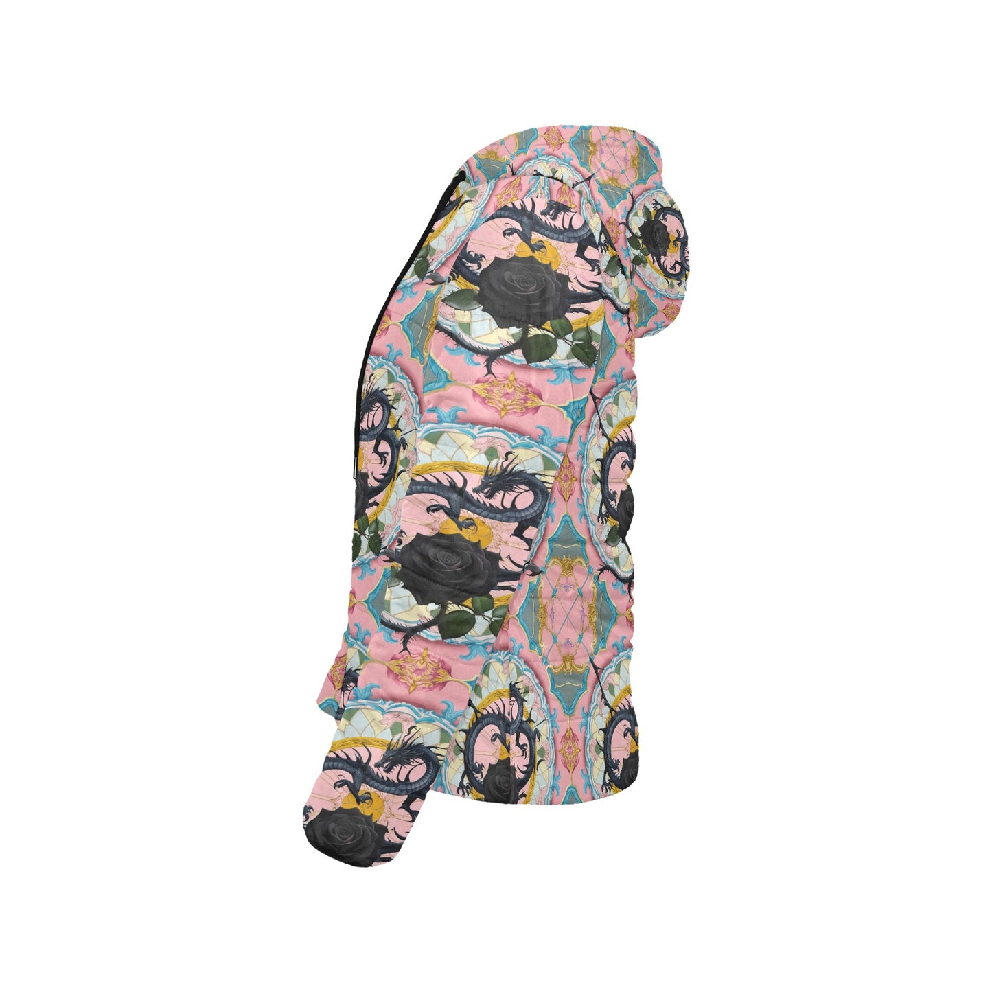 Black Rose Dragon Hooded Puffer Jacket
