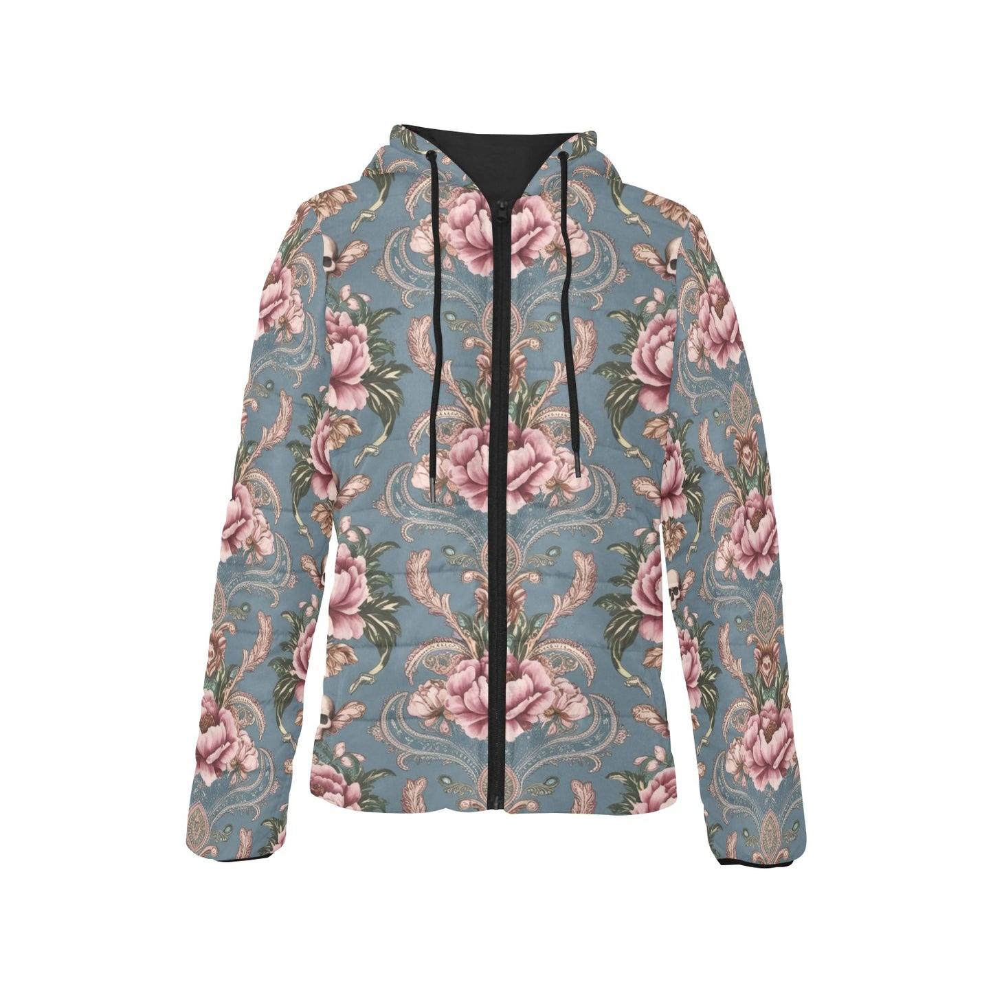 Baroque Floral Skull Hooded Puffer Jacket