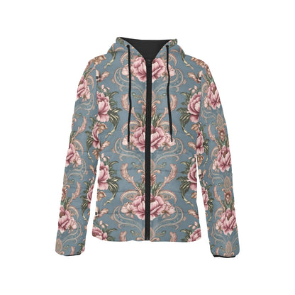 Baroque Floral Skull Hooded Puffer Jacket