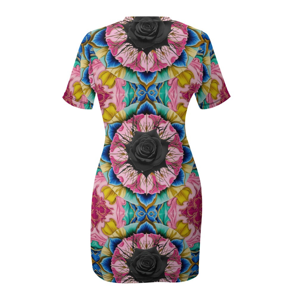 Vivid Black Rose Short Sleeve Slim Fit Dress