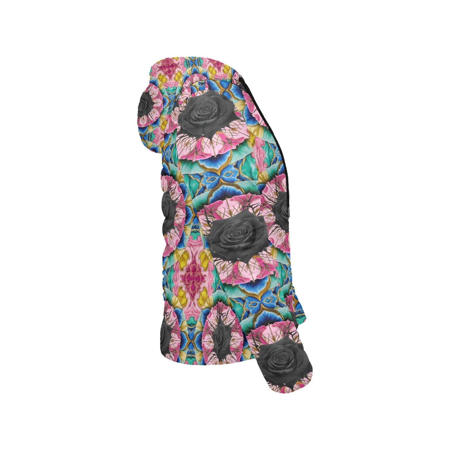 Vivid Black Rose Hooded Puffer Jacket