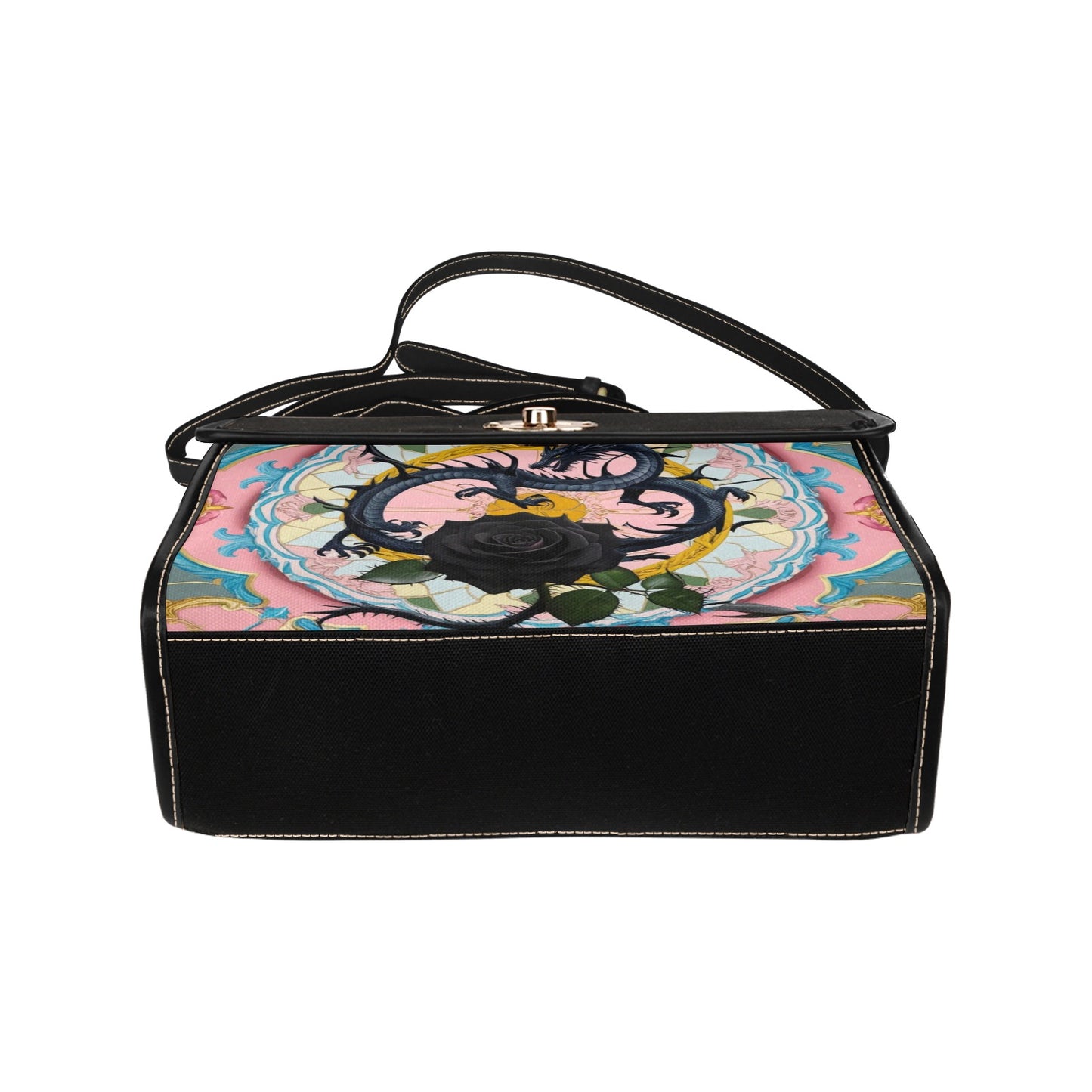 Black Rose Dragon Handbag with Lock Clasp