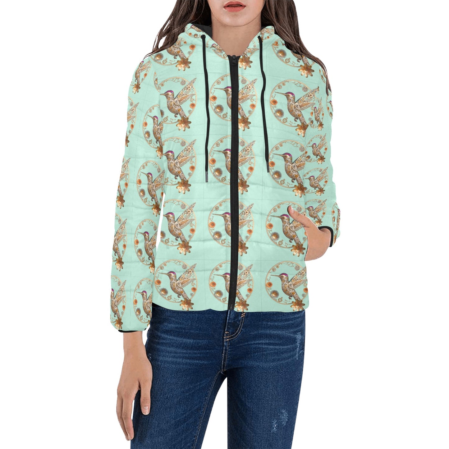 Mint Hummingbird Hooded Puffer Jacket