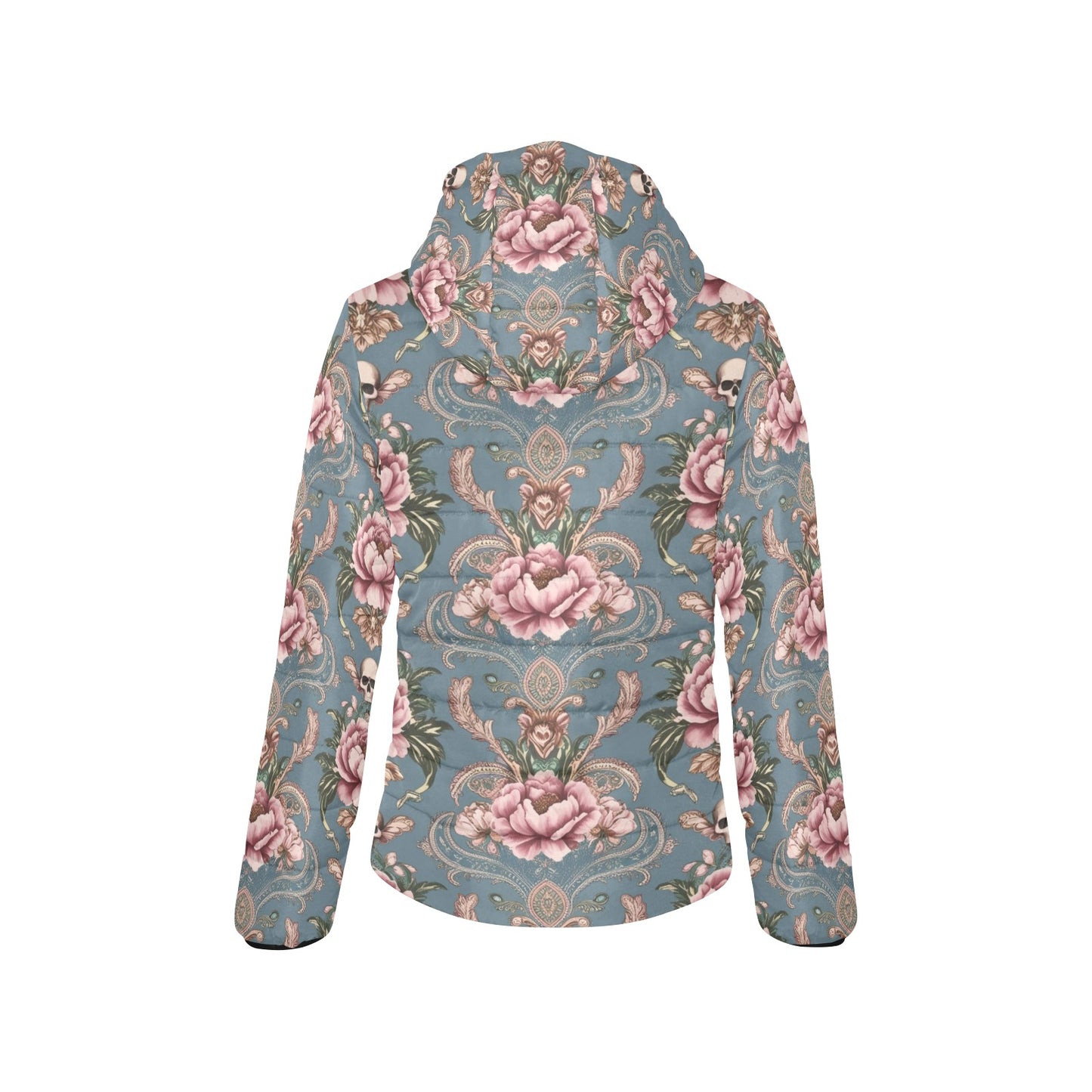 Baroque Floral Skull Hooded Puffer Jacket