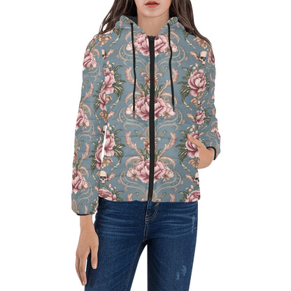 Baroque Floral Skull Hooded Puffer Jacket