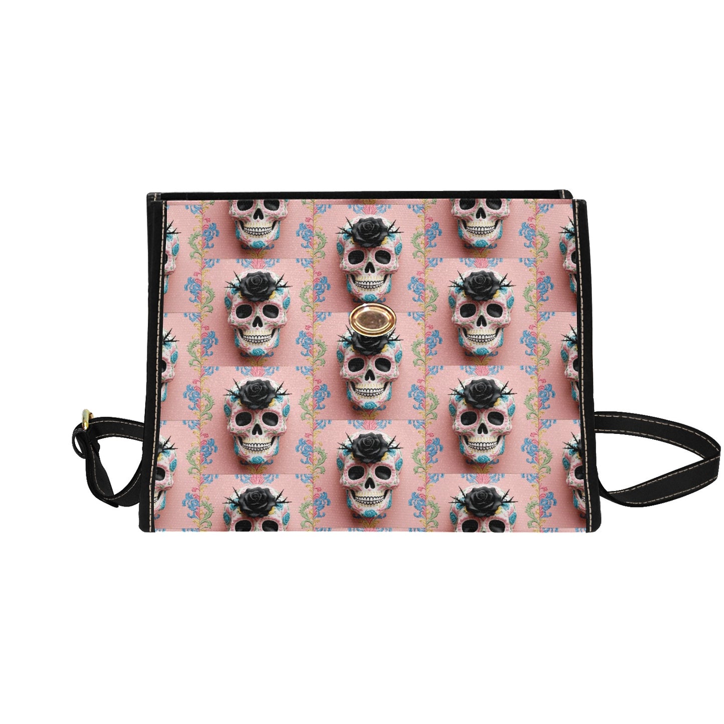 Black Rose Sugar Skull Handbag with Lock Clasp