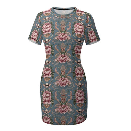 Baroque Floral Skull Short Sleeve Slim Fit Dress