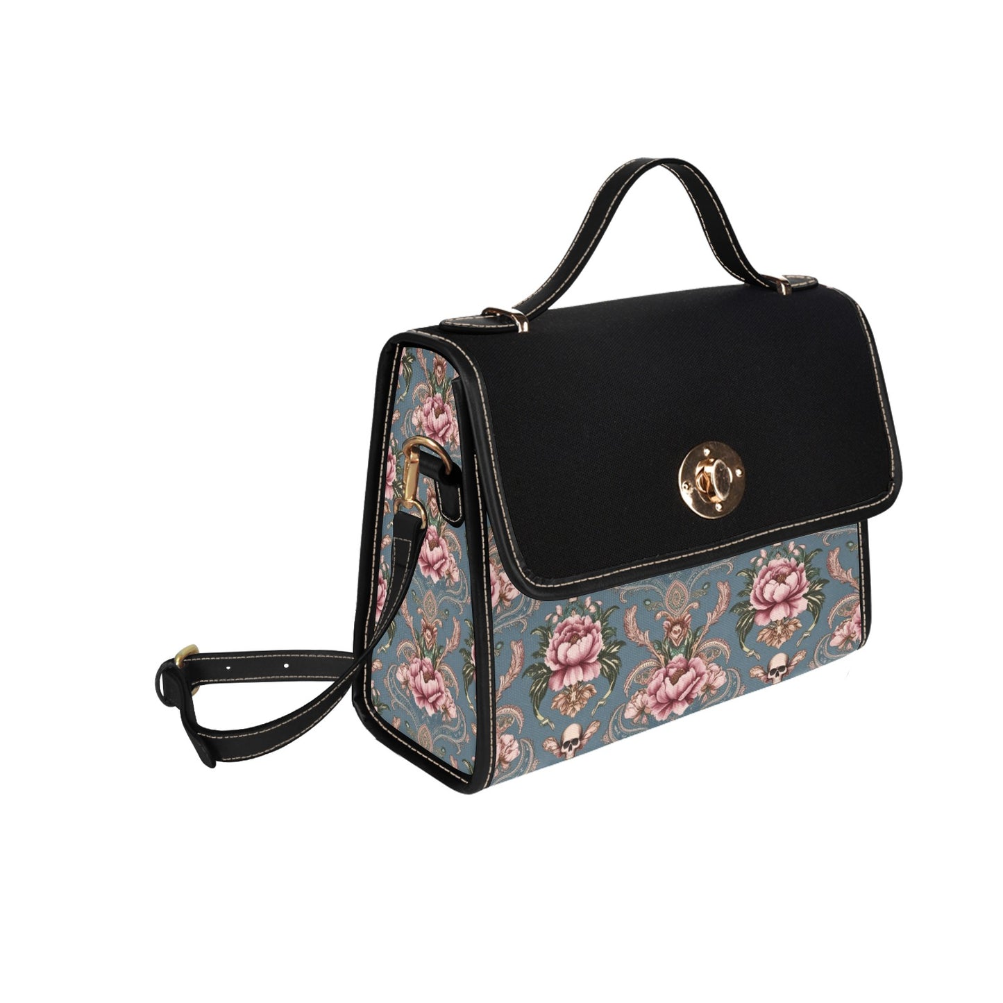 Baroque Floral Skull Handbag with Lock Clasp