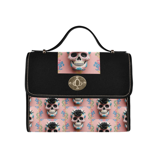 Black Rose Sugar Skull Handbag with Lock Clasp