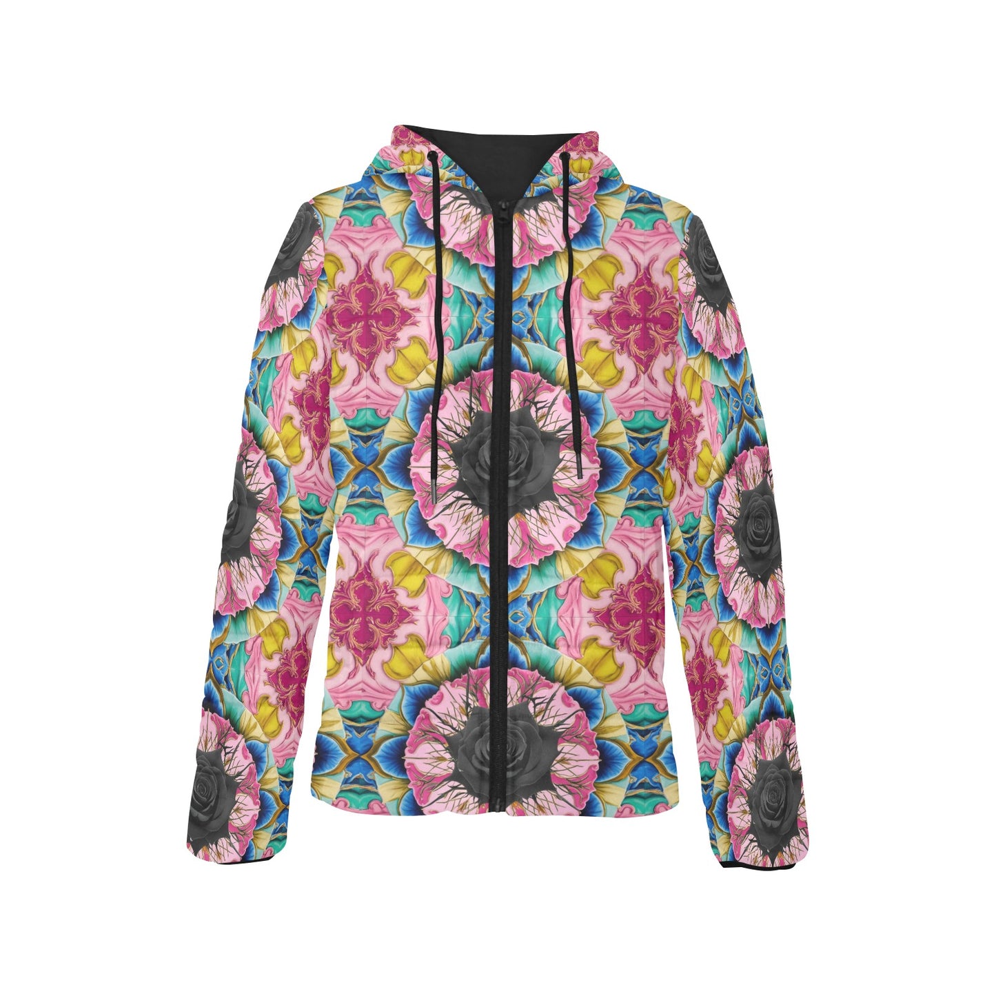 Vivid Black Rose Hooded Puffer Jacket
