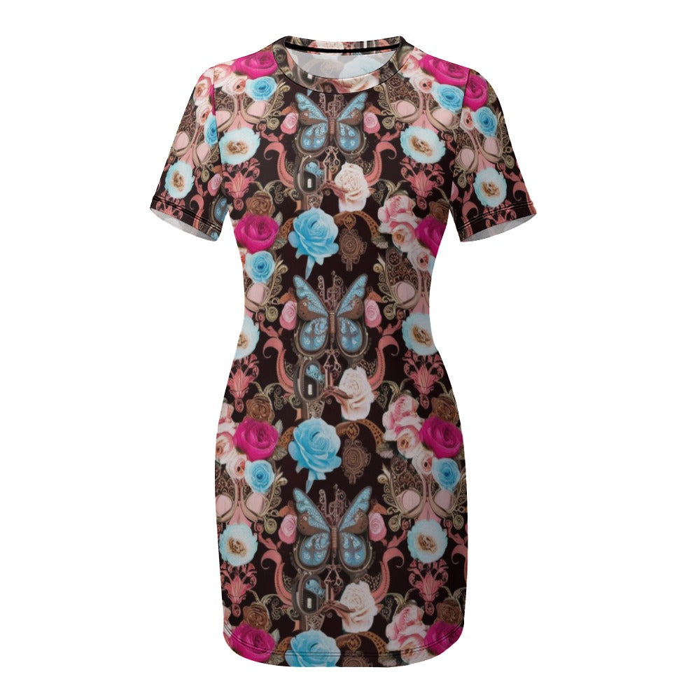 Vintage Butterfly Short Sleeve Slim Fit Dress