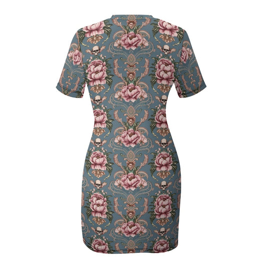 Baroque Floral Skull Short Sleeve Slim Fit Dress