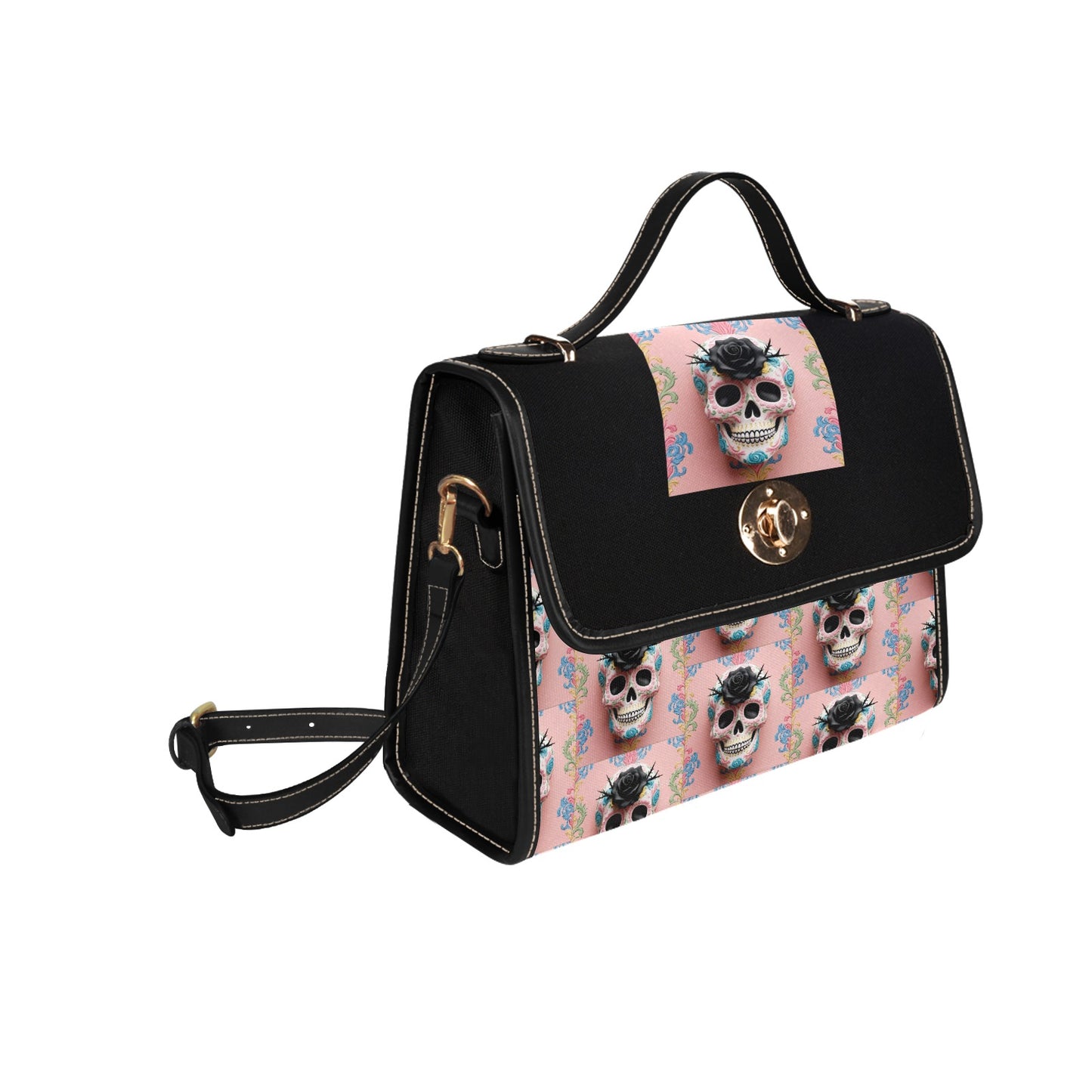 Black Rose Sugar Skull Handbag with Lock Clasp