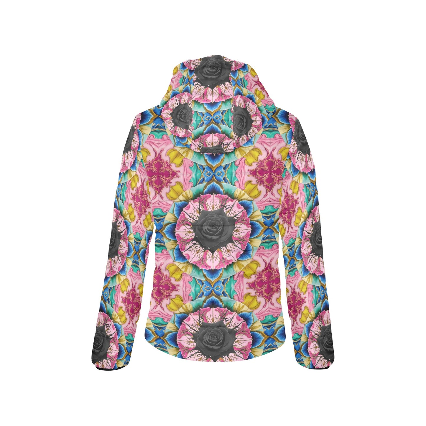 Vivid Black Rose Hooded Puffer Jacket