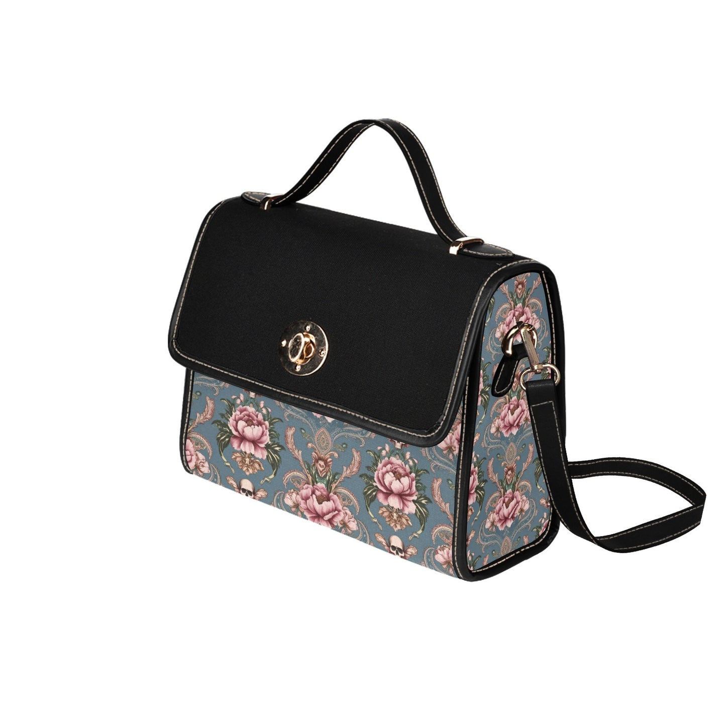 Baroque Floral Skull Handbag with Lock Clasp