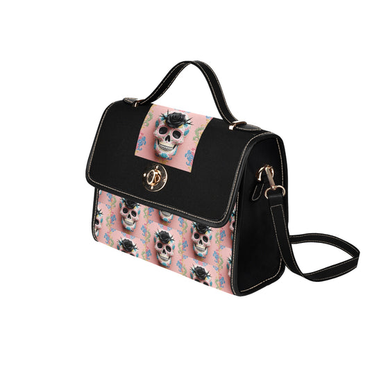 Black Rose Sugar Skull Handbag with Lock Clasp