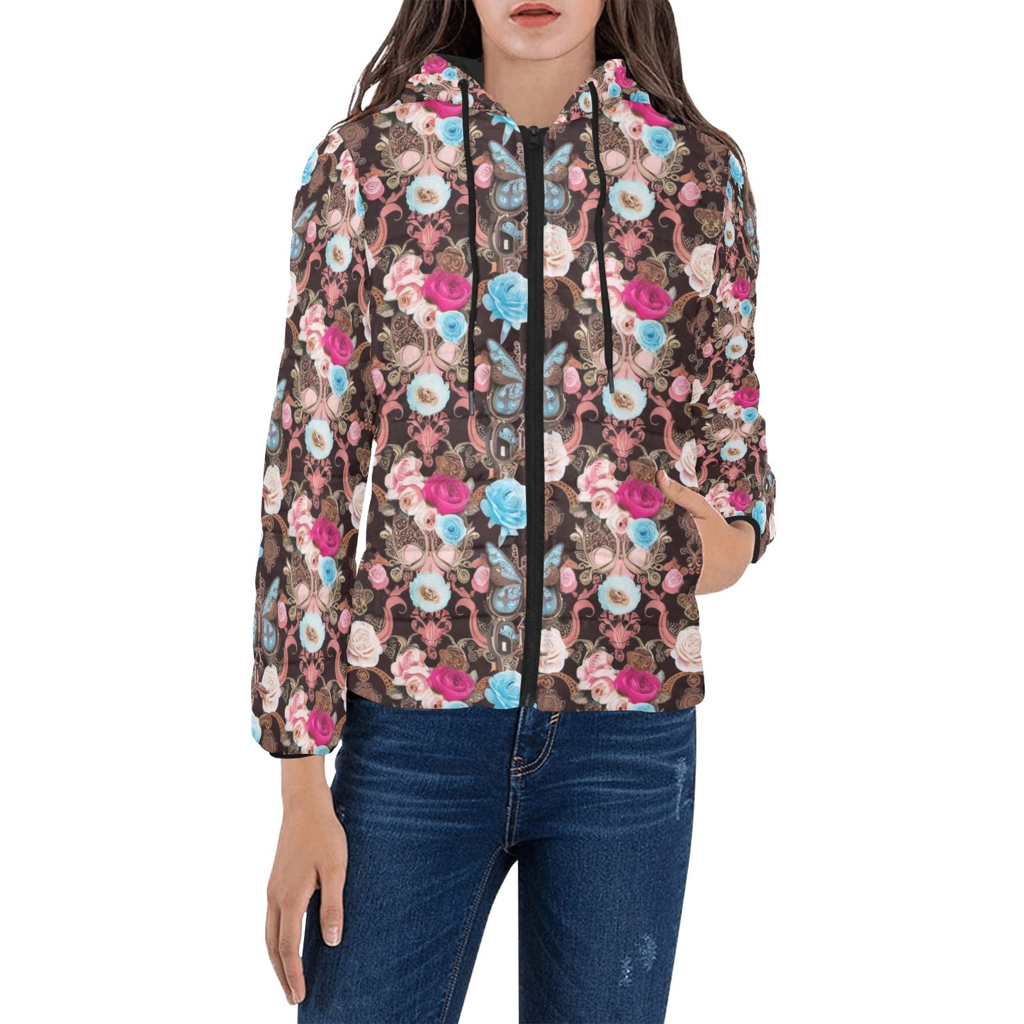 Vintage Butterfly Hooded Puffer Jacket
